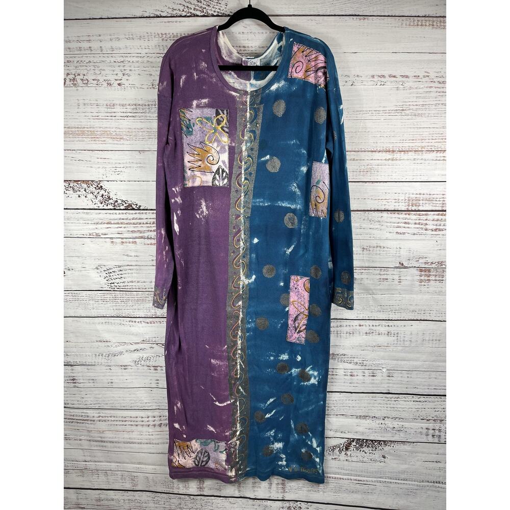 Vintage V.C. Torias Dress Women's Size S Purple Blue Artsy Hippie Funky Maxi 90s